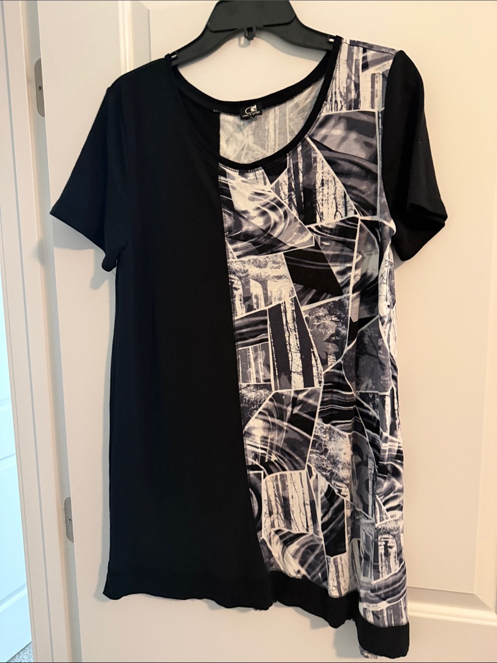 Cable & Gauge Black Tee Dress with Black & White Geometric Panel